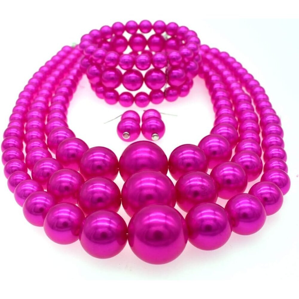 Faux Pearl Necklace and Earring Set Big Chunky Pearls Costume Jewelry - Picture 2 of 6